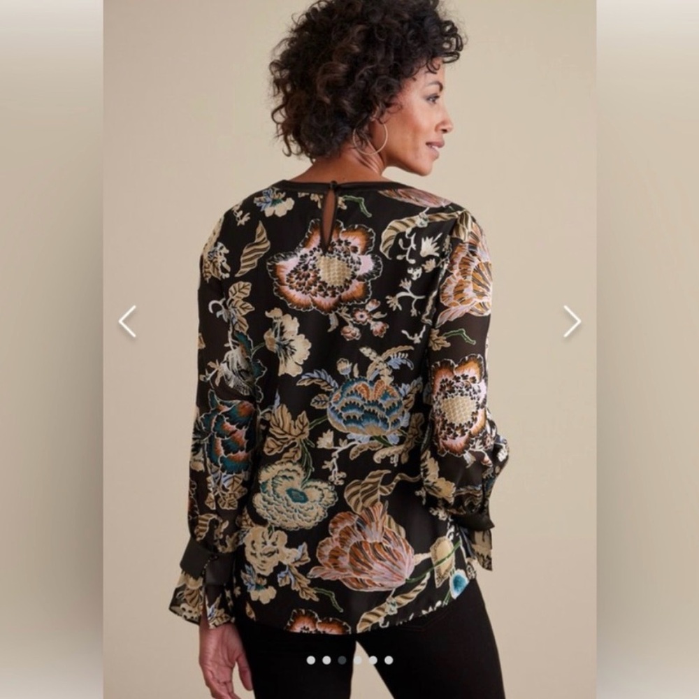 Soft Surroundings Deanna Floral Black Blouse Multifloral Medium - Picture 2 of 16